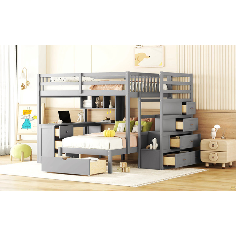 Lit superposé double au-dessus de simple avec bureau, tiroirs et tablettes, Gris