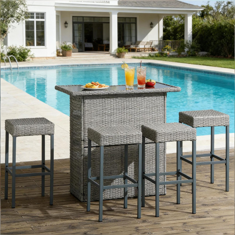 Ensembles de bar de patio gris durables avec cadre en métal en verre trempé pour jardin extérieur
