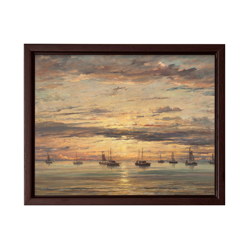 Hendrik Hendrik Mesdag - Coucher de soleil à Scheveningen, Canvas, 18"H x 24"W, Brown Framed