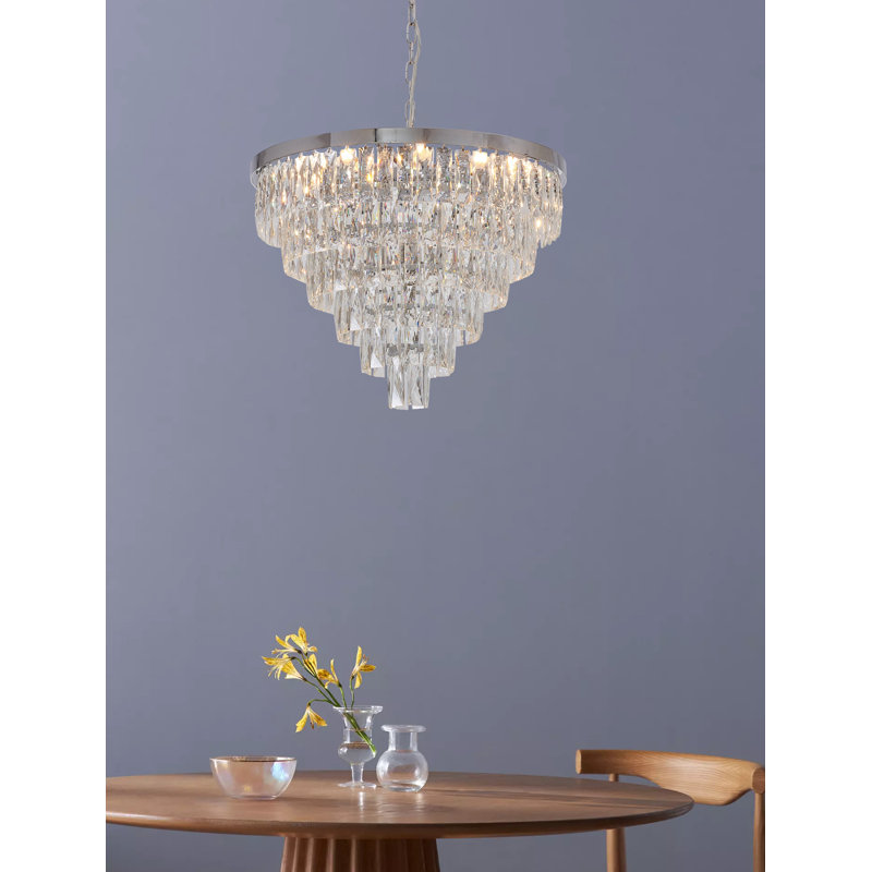 Lustre 14 lumières en métal chromé avec cristaux transparents, Chrome chrome