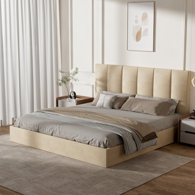 Upholstered Tufted Linen Platform Bed With Lift-Up Storage And Reinforced Slat Support