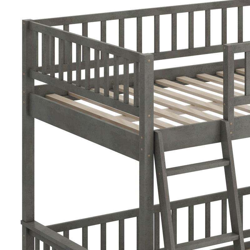 Full XL Over Queen Bunk Bed With Ladder A, Wood Bunk Bed With Safety Guardrails, Gray