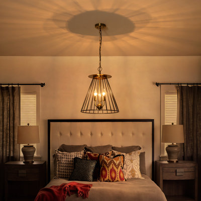 3-Light Modern Farmhouse Tapered Cage Pendant Light, Matte Black and Brushed Brass Mini Chandelier with Adjustable Chain