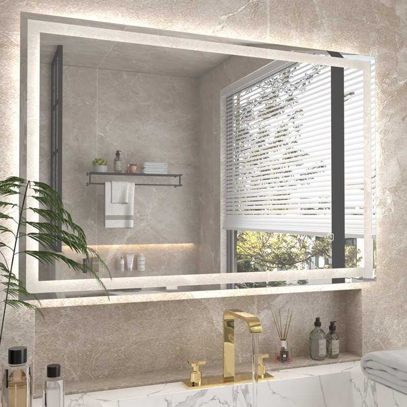 Led Bathroom Mirror With Lights, Bright Front & Back Smart Anti-fog Tempered Glass Mirror, Dimmable Wall Mounted Vanity Mirror