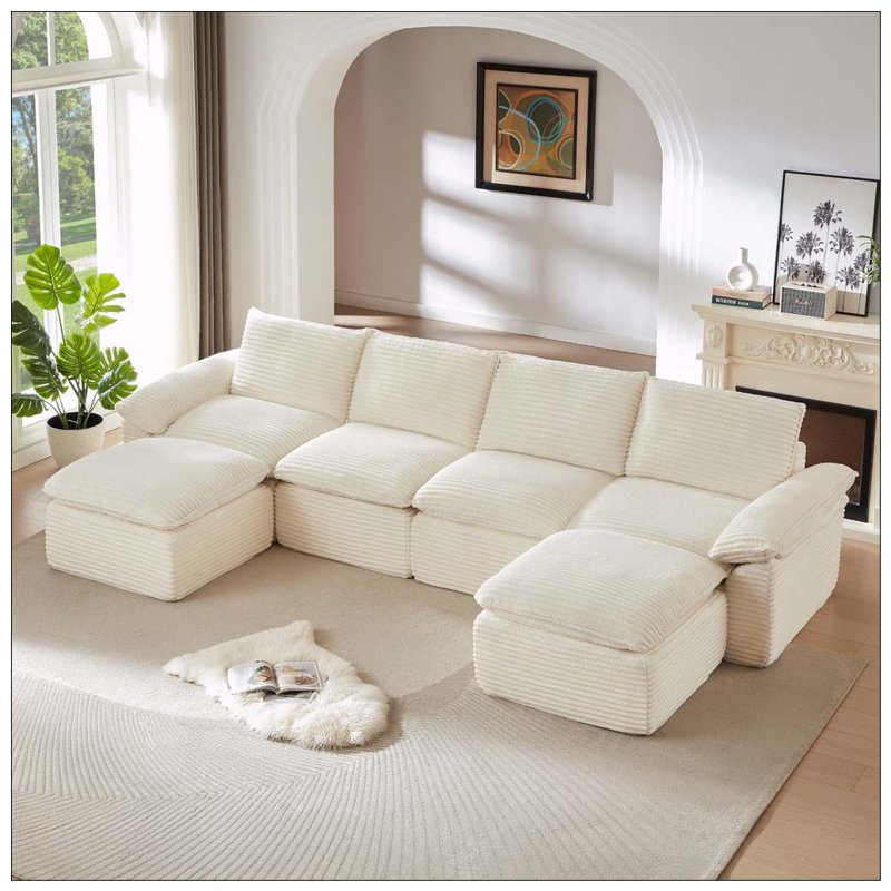 Canapé moderne en velours côtelé, White-4Seat-2Ottman