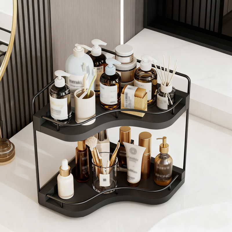 Organisateur de comptoir de salle de bain à 2 niveaux avec trous de vis intégrés, tablette de meuble-lavabo en bois sécuritaire et stable pour les essentiels de maquillage et de soins de la peau, rangement de comptoir de salle de bain peu encombrant