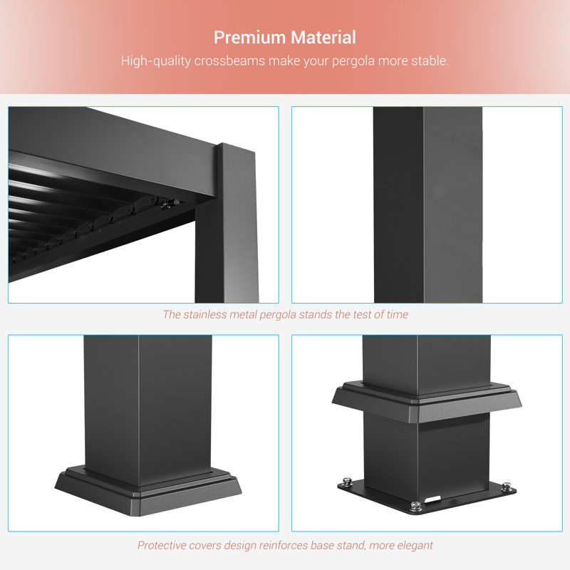 Pergola moderne à cadre en aluminium avec persiennes réglables, lumières DEL et charge solaire, pour balcon, terrasse et jardin