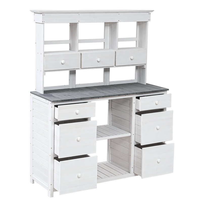Table de jardin en pot, design rustique et élégant avec plusieurs tiroirs et tablettes pour le rangement, Blanc / Gris