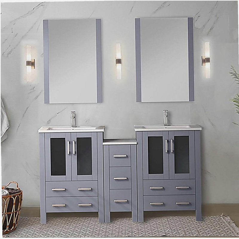 Double cuve avec armoire latérale et plateau en céramique blanche, 60"