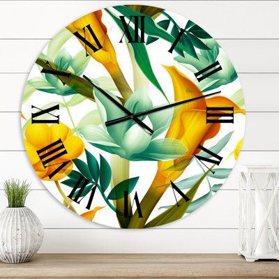 Horloge murale moderne - feuillage tropical et fleurs jaunes III