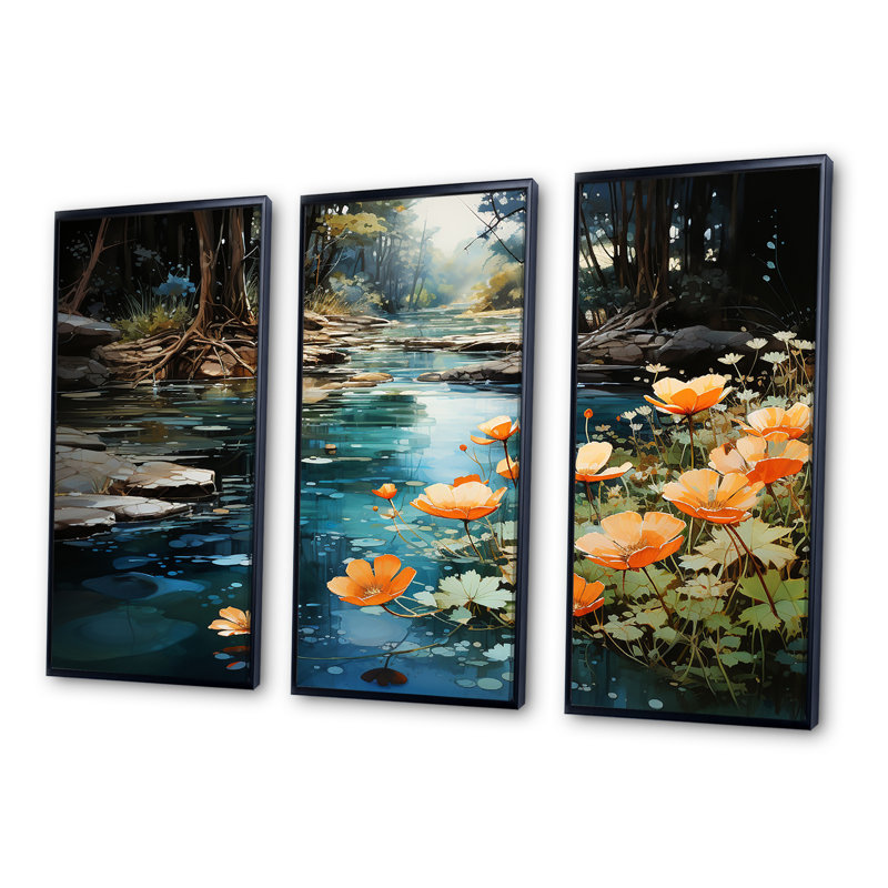 Tranquil Lakes Rivers Urban Symphony III - ensemble de reproductions d'art mural, Cadre flottant noir