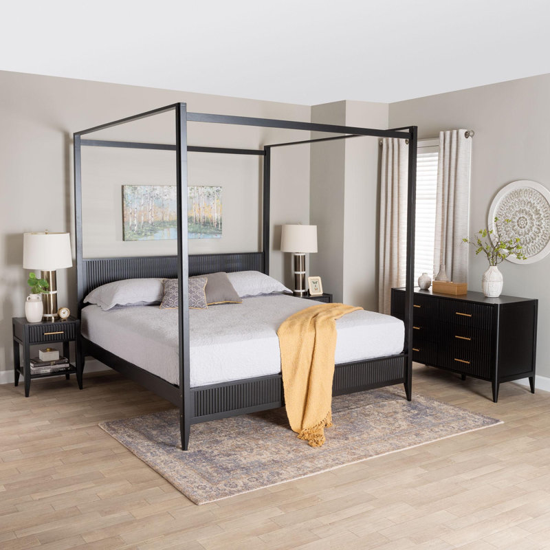 Ensemble de chambre à coucher 4 pièces pour grand lit en bois cannelé Wooley, Noir