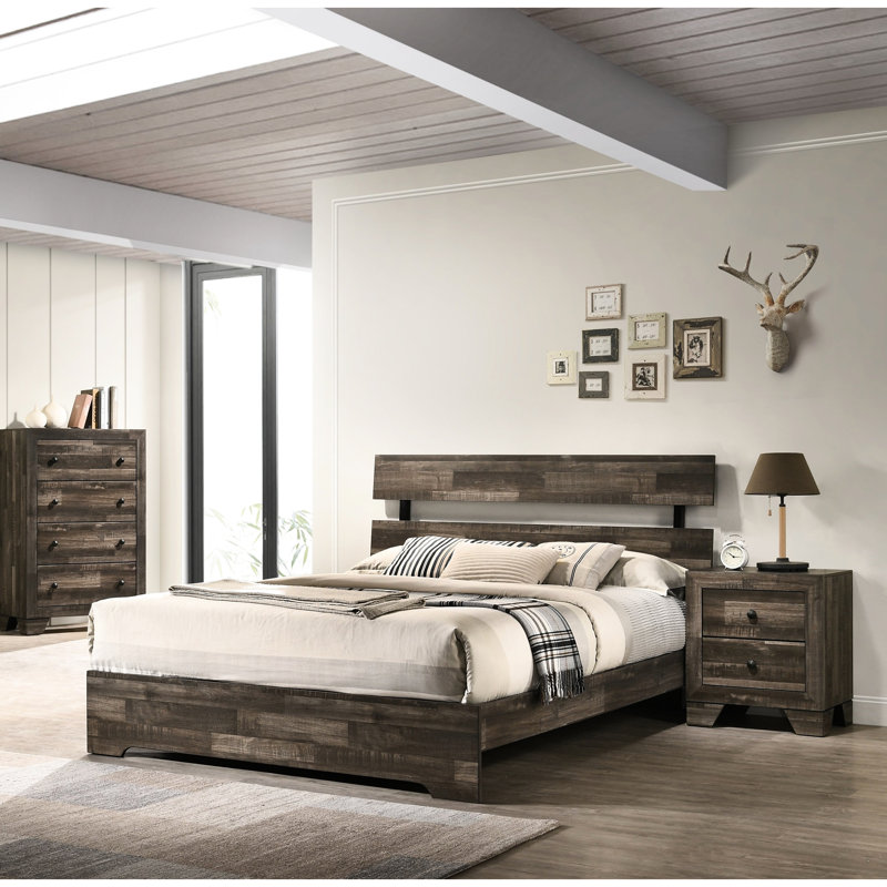 Structure de lit plateforme contemporaine très grand avec tête de lit à lattes rustique, bois brun, dans une boîte, facile à installer