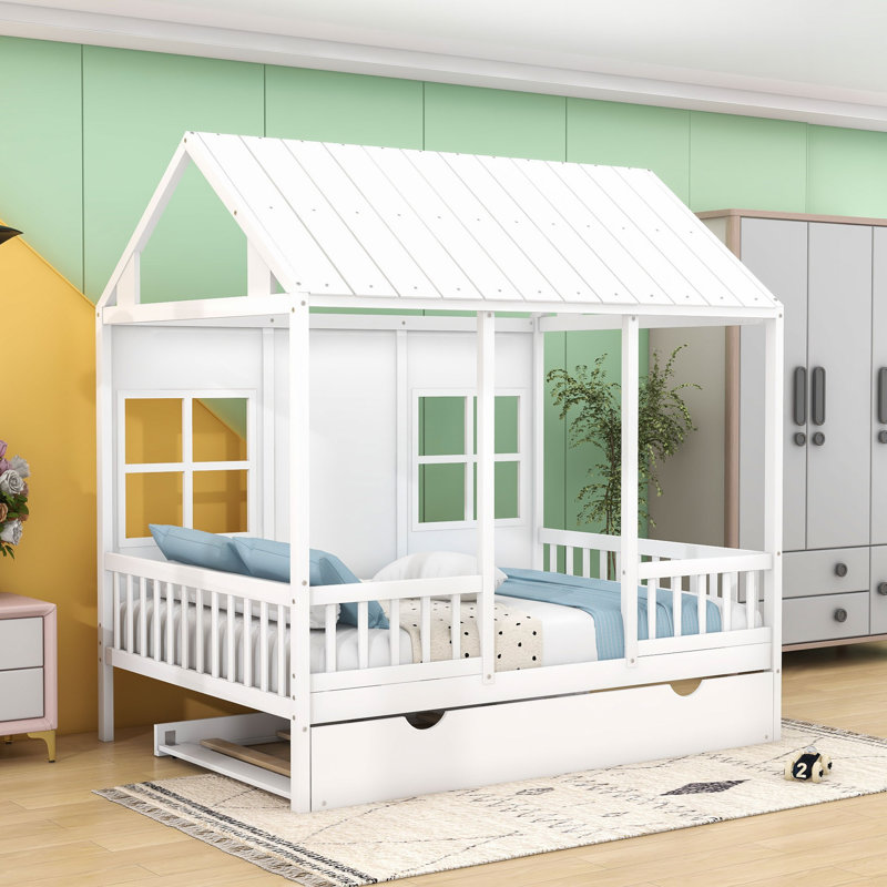 Wood Daybed With Twin Size Trundle and Slats, White, Full