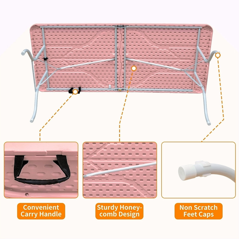 Table pliante rose de 6 pi, table en plastique portative pour le camping, les pique-niques, les fêtes, table pliable à haute charge