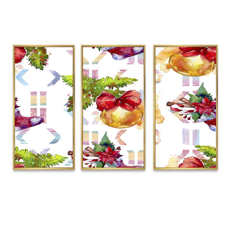 «Christmas Winter Holiday Symbols», ensemble de 3 toiles encadrées, H 20 po x l 36 po x P 1 po, Cadre doré