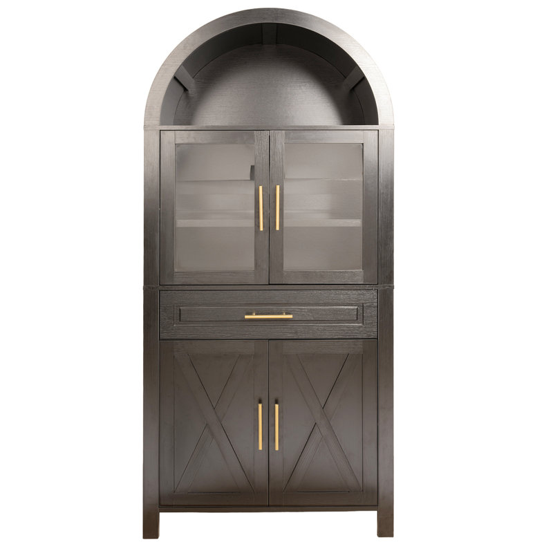71"H Arched China Cabinet With Glass Doors, Elegant Kitchen Pantry Cabinet 2 Adjustable Shelves, Farmhouse Display Storage Cabinet Bookcase With Barn Door Design For Kitchen, Dining Room, Bathroom, Black
