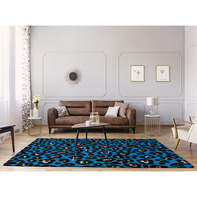 Imprimé animalier bleu/noir/Tapis décoratif grise, Rectangle 8 pi x 10 pi
