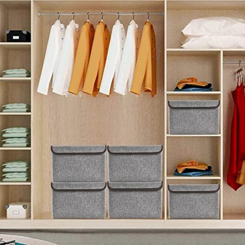 Large 22 Quart Linen Fabric Foldable Storage Bin Cube Organizer Basket With Flip-Top Lid & Handles, Clothes Blanket Box For Home, Office, Closet, Gray, 4 Pack 14.6 X 9.5 X 9.5”