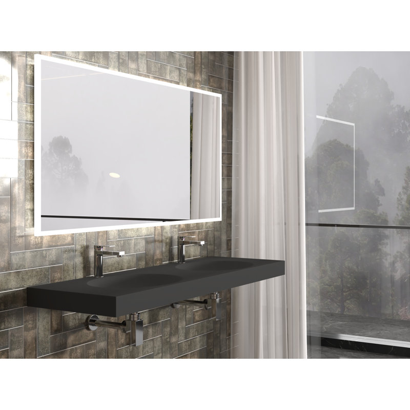 Darleen 60" Solid Surface Thin Rectangular Wall Mount Double Shallow Basin Bathroom Sink, Black
