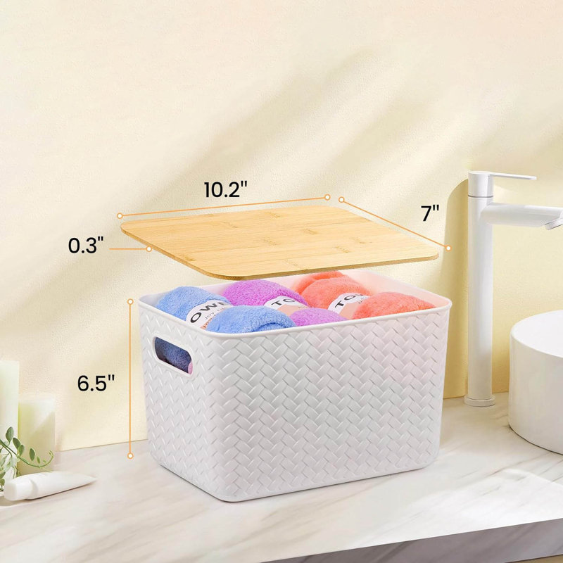 White Stackable Plastic Storage Bins with Bamboo Lids