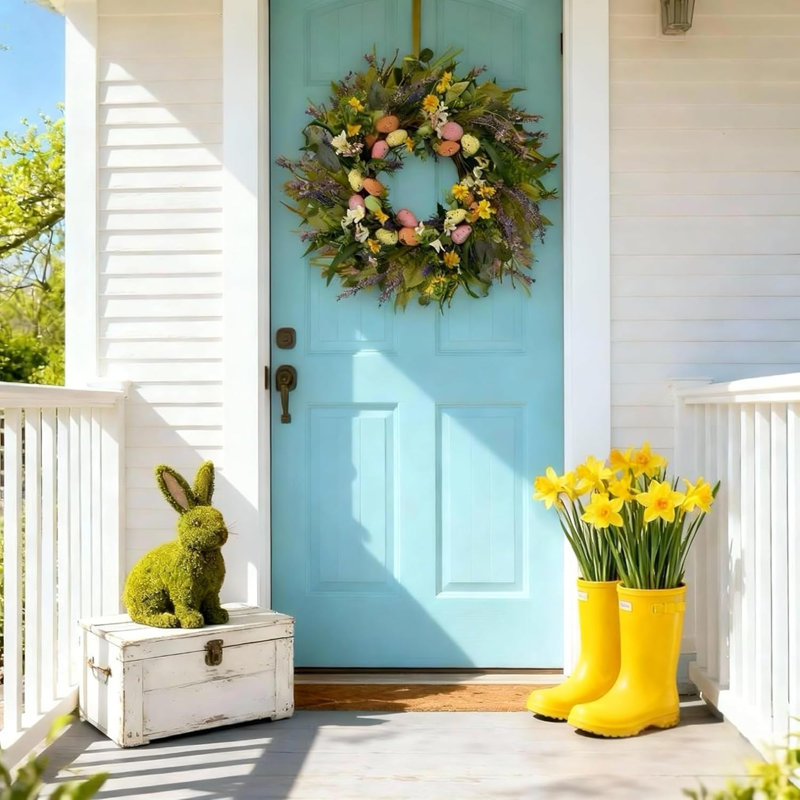 Couronne de Pâques de campagne de 24 pouces pour la porte d'entrée, couronnes de printemps pastel artificielles avec œufs de Pâques, lavande et fleurs sauvages, couronne fabriquée à la main pour les décorations d'intérieur et d'extérieur de fenêtre de manteau d'entrée