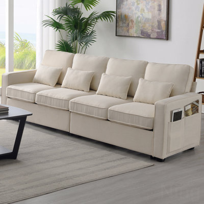 104" 4-Seater Modern Style Linen Fabric Upholstered Sofa With Armrest Pockets And 4 Pillows,Minimalist Style Couch