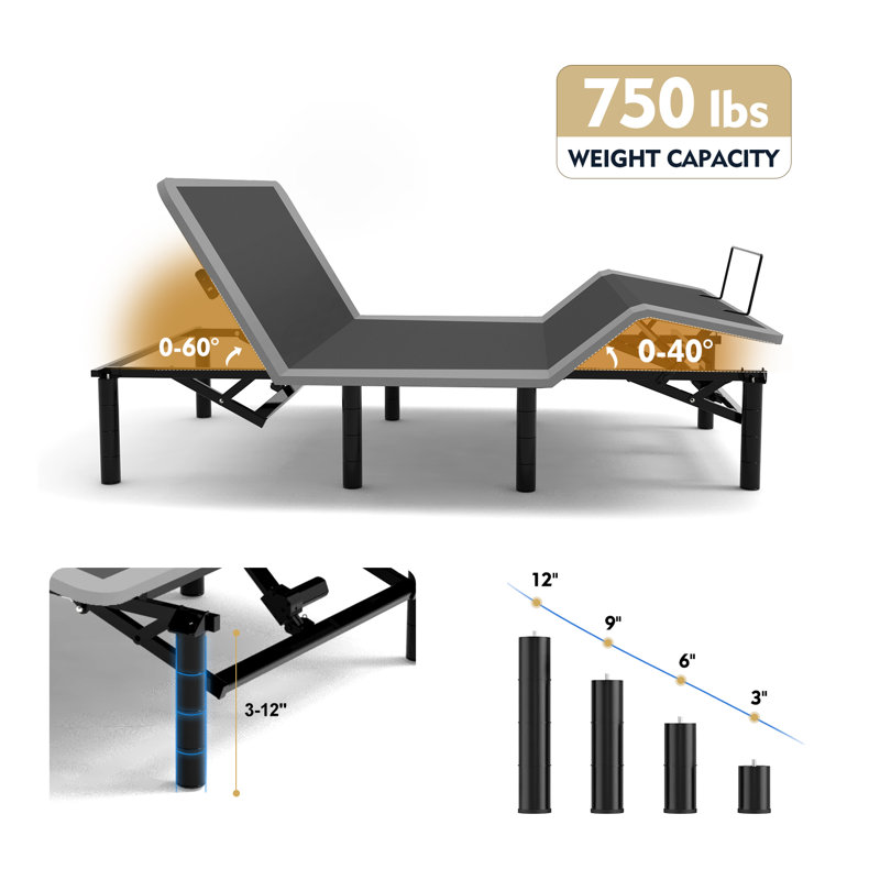 Structure de lit réglable pour grand lit avec fonction de massage - télécommande sans fil, ports de chargement USB, veilleuse à DEL et pieds réglables en hauteur
