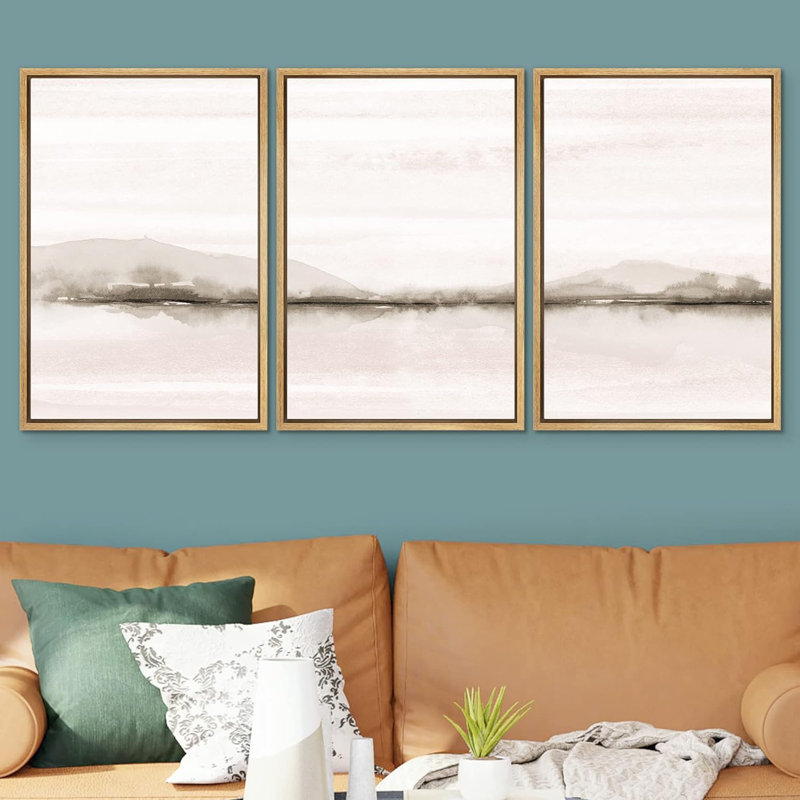 «Minimal Landscape», reproduction d'art sur toile encadrée, coucher de soleil pastel, forêt, lac, nature sauvage, illustrations, art moderne, paysage rustique, détente / calme pour le salon, la chambre à coucher, le bureau, reproduction sur toile, 3