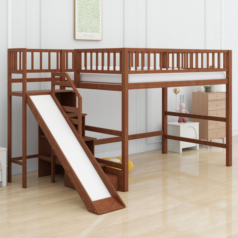Structure de lit mezzanine robuste avec escalier de rangement, glissade amusante et lumières DEL intégrées, Walnut