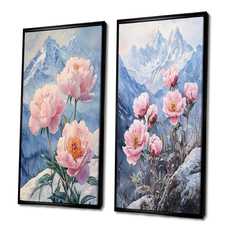 Pivoines par les sommets enneigés I - décoration murale en toile florale 2 panneaux, H 40 po x l 41 po, Cadre flottant noir
