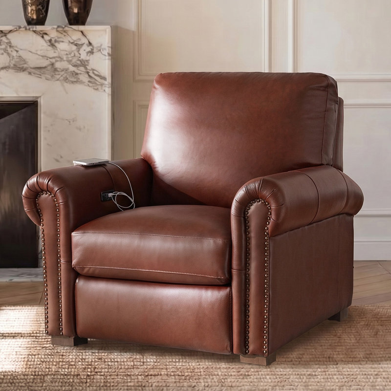 Fauteuil inclinable en cuir véritable rembourré de duvet d'Igon, Cuir véritable brun