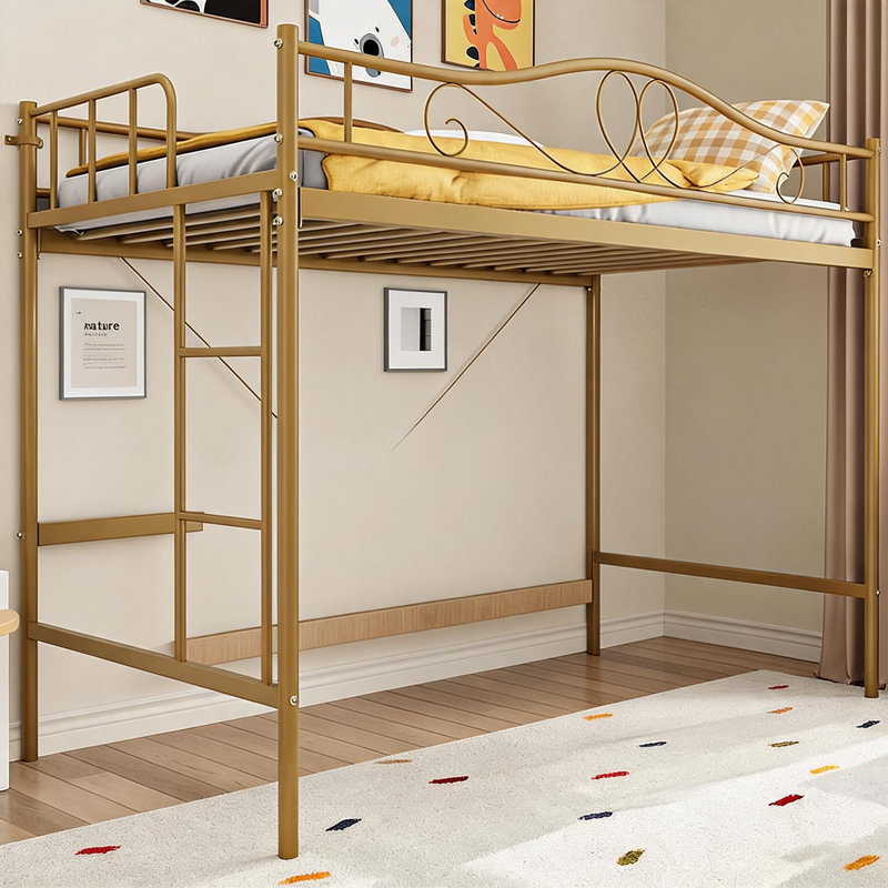 Lit mezzanine simple avec échelle réglable et garde-corps, lit mezzanine en métal peu encombrant, doré, Gold