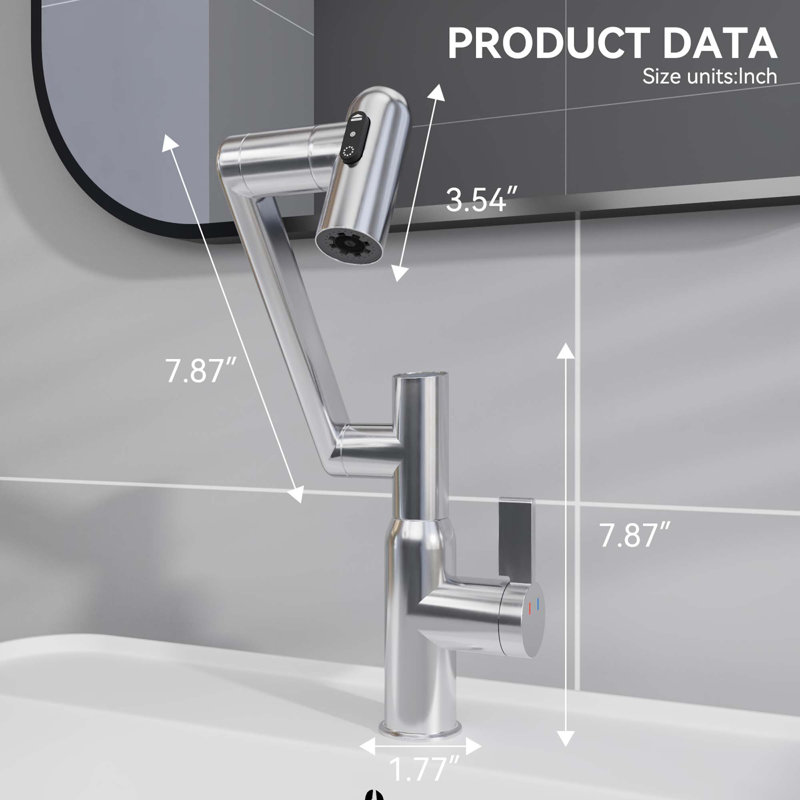 Bathroom Sink Faucet with Spray Function and Temperature Display for Anti-Skid Switch and Hot & Cold and 360° Rotary, Chrome