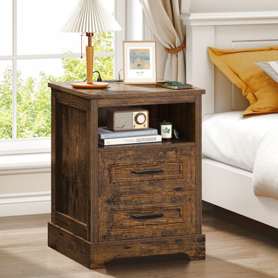 Table de chevet 18 po avec station de chargement, table de chevet en bois avec tiroirs, tables de chevet avec tablette de rangement, table de bout rustique, tables de chevet pour le salon de la chambre à coucher