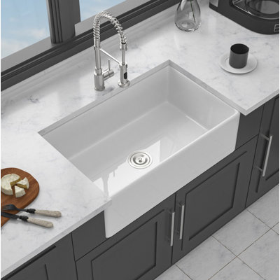 White Kitchen Sink - 33 inch White Porcelain Ceramic Single Bowl Reversible Design Kitchen Sink