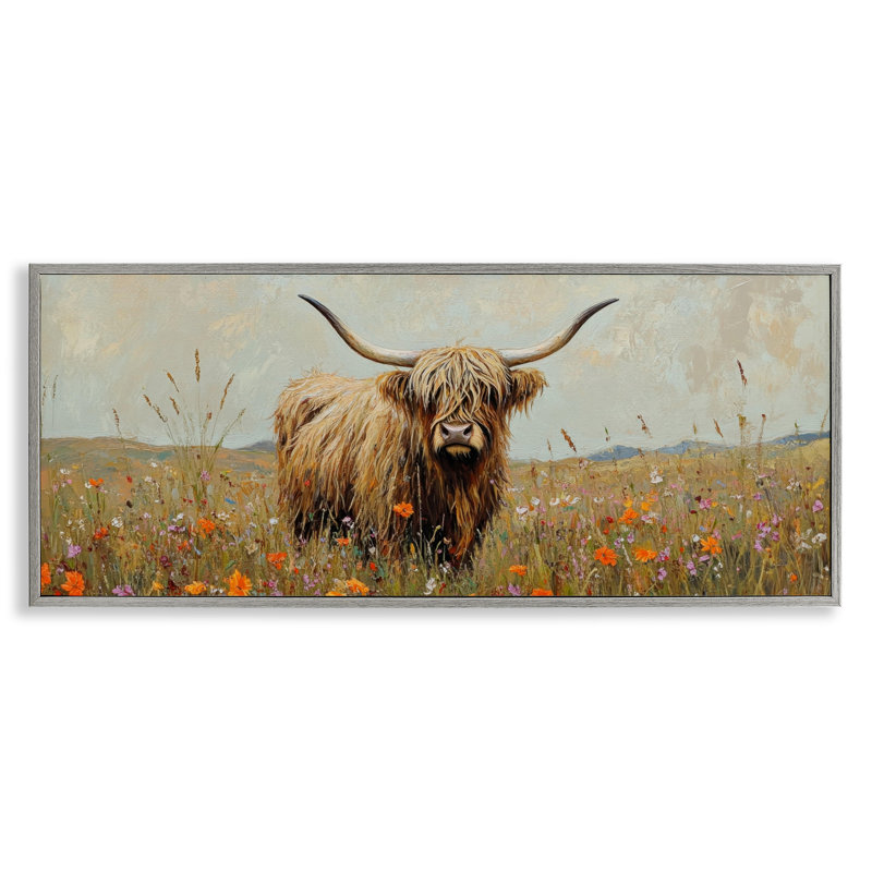 Giclée encadrée de longhorn et de fleurs sauvages, design par Petal Prints Design, H 13 po x l 30 po