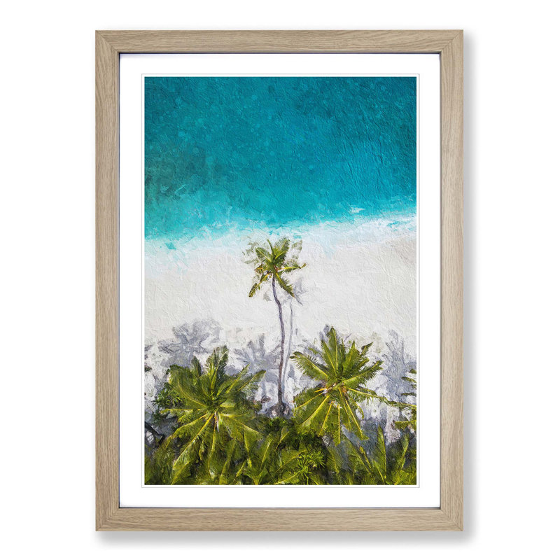 Palm Tree Beach in the Maldives - Picture Frame Painting Print, 48cm H x 36cm W x 2cm D, Oak Framed