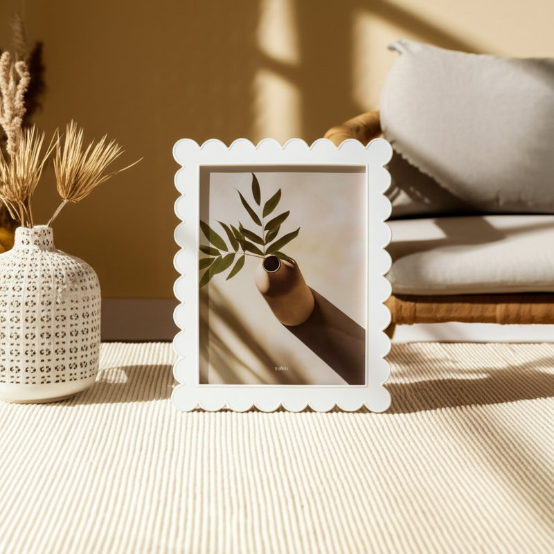 Photo Frame Resin Glass Scalloped Edge Polyresin Paper Accent Decorative Display Stand Casual Style Home Decor Classic Trim Detailing Vertical Horizontal Orientation Freestanding Lightweight Build