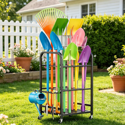 Chariot de rangement pour outils à longues roues Wheeled Garden, support de rangement pour outils de jardin roulant, support portatif pour pelles, râteaux, idéal pour le garage, rangement extérieur pour abri de jardin