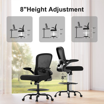 Ergonomic Drafting Chair Tall Office Chair with Flip-up Armrests,  Lumbar Support and Adjustable Footrest Ring.