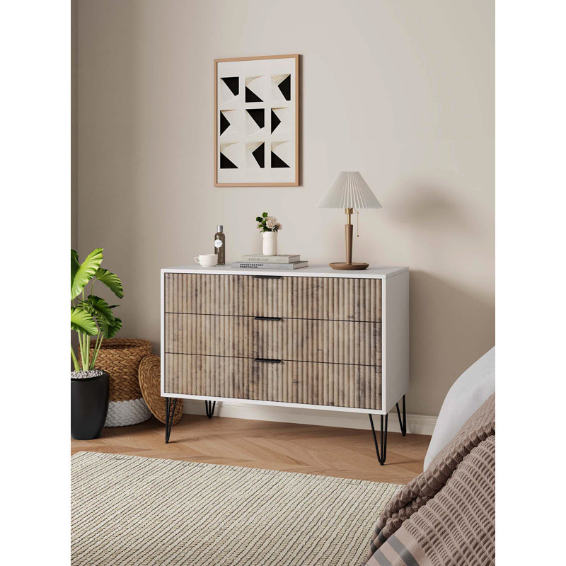 Dumbo 35" Fluted Dresser In Rustic Gray And White (3-Drawer), Gray/White