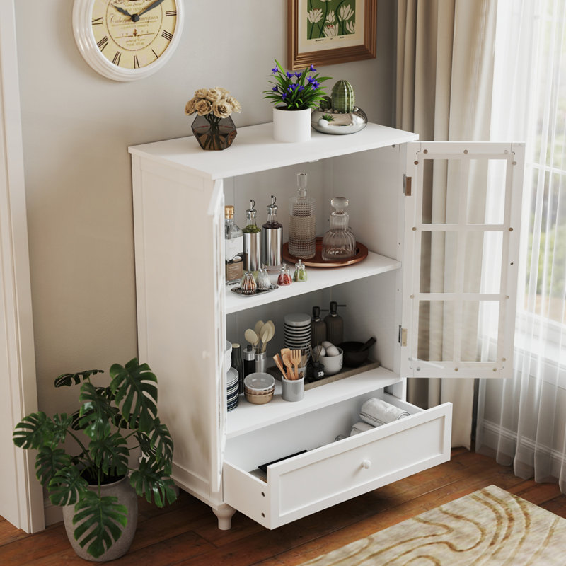 Minimalist Buffet Cabinet With Double Glass Doors And 1 Drawer, Modern Wooden Storage Sideboard Cupboard For Living Room, Dining Room, Hallway