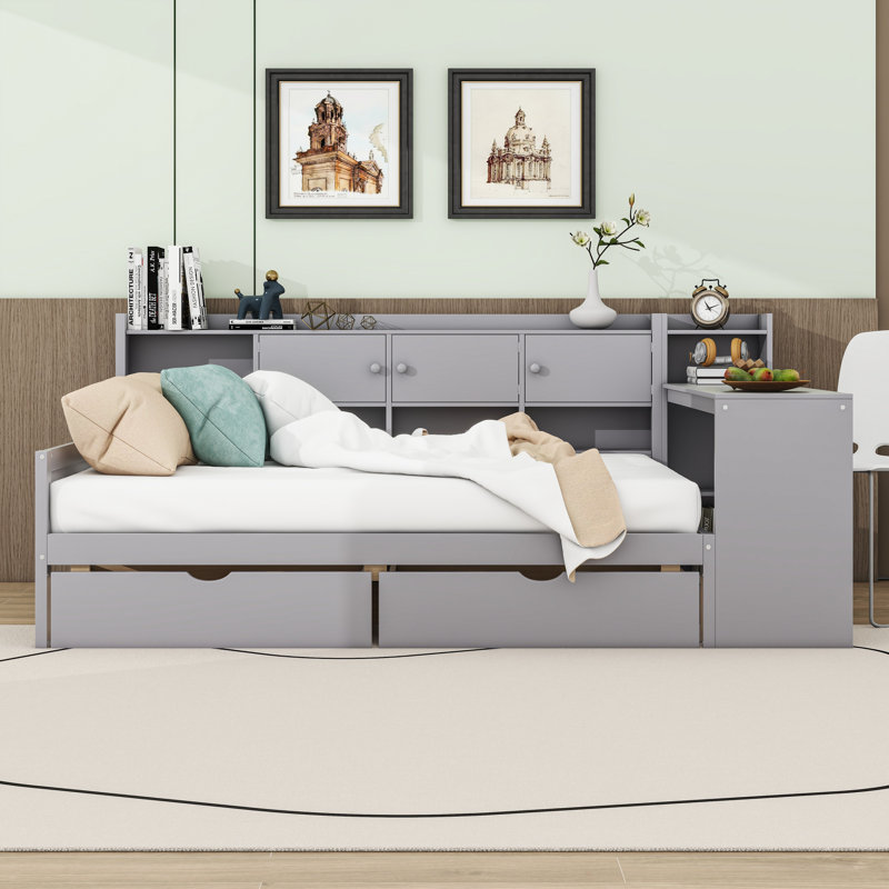 Daybed with Desk, Built-in Bookshelf, 3 Cabinets and 2 Drawers, Full/Double