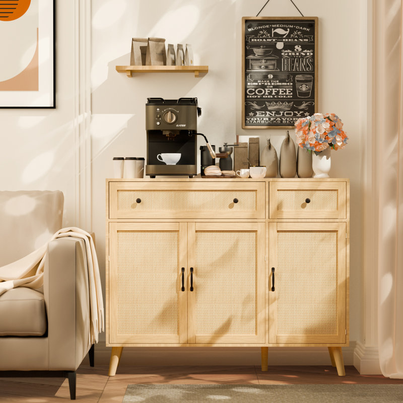 47'' Buffet Cabinet with Storage,Yacchi home Sideboard Rattan Cabinet with 2 Large Drawers, Natural