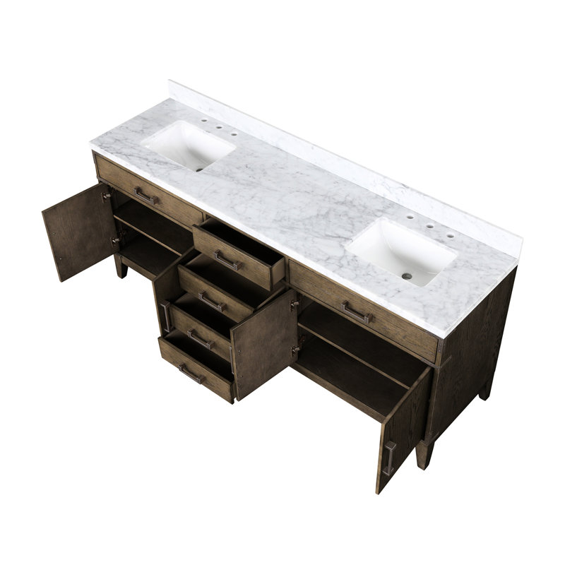 80 po L 22 po x P 22 po. Chêne gris, double salle de bain en marbre scellé à la main, meuble-lavabo à tiroirs à fermeture en profondeur, large, plateau en marbre, plusieurs options de rangement