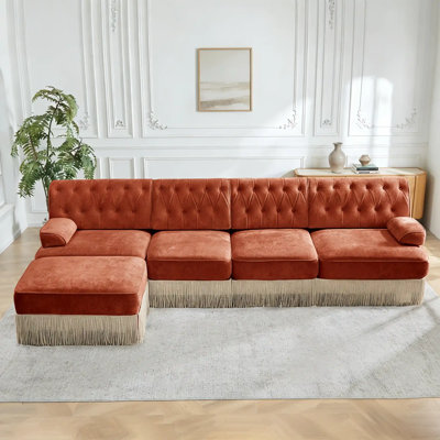 Canapé Chesterfield 135 po en forme de L en velours rouge pour animaux de compagnie modulaire avec jupe à pampilles, facile à assembler