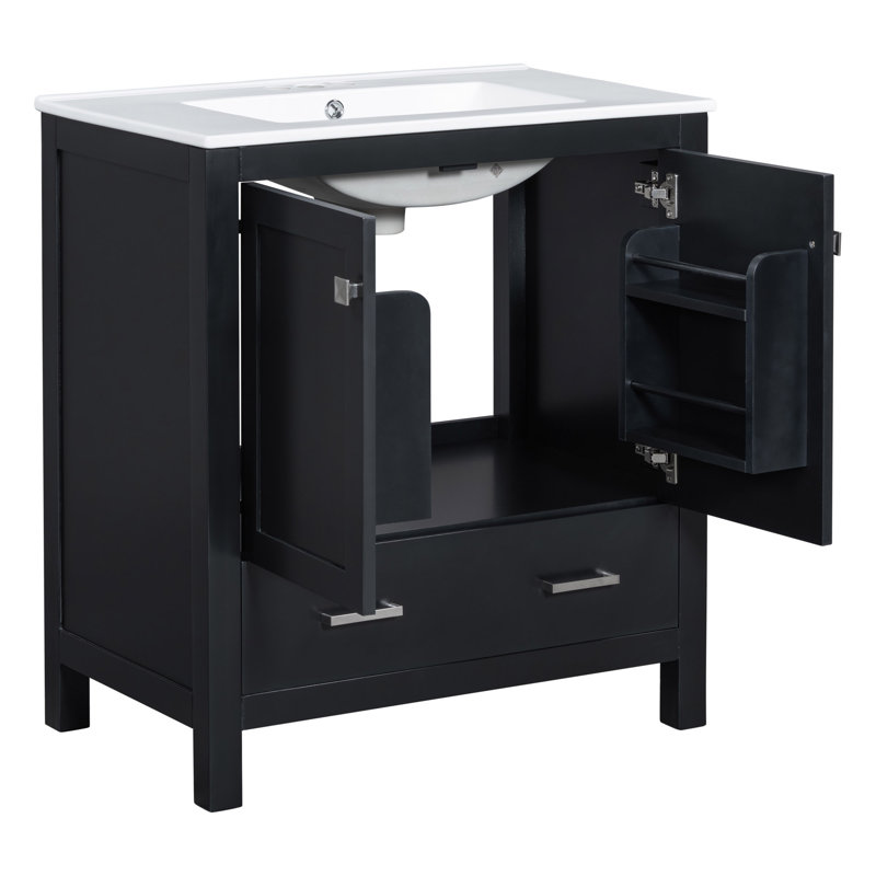 Meuble-lavabo simple autoportant de 30 po avec plateau en céramique, Noir, noir, noir, noir