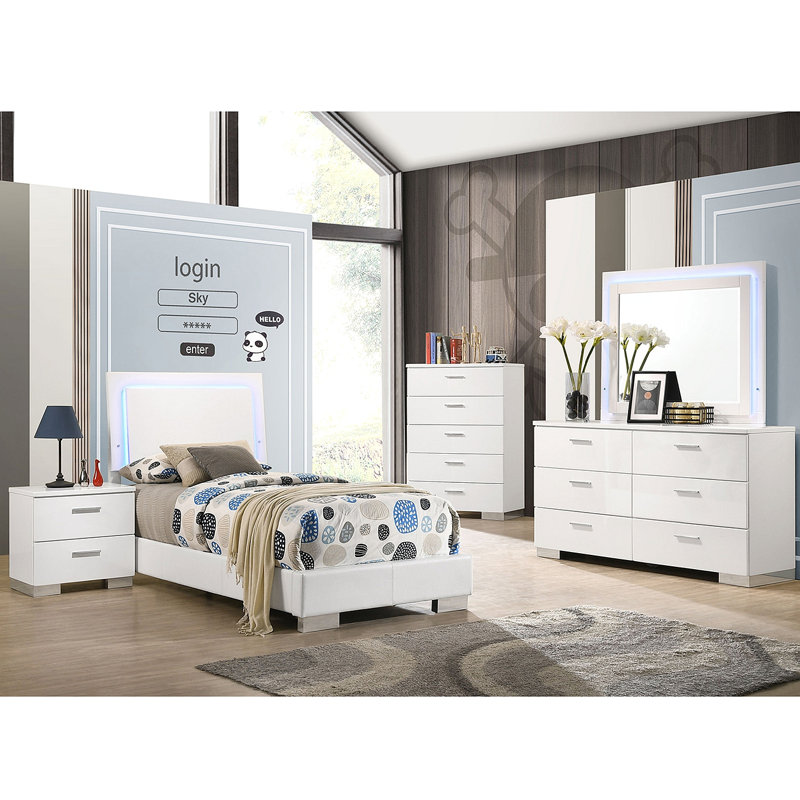 Ensemble de chambre à coucher simple 5 pièces Dulcey, Cinq pièces : lit, table de chevet, commode, com, Simple