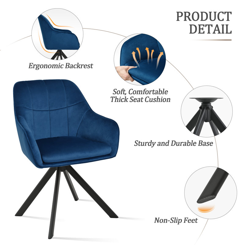 51cm H Upholstered Arm Dining Chair For Kitchen Dining Living Room, Blue Velvet